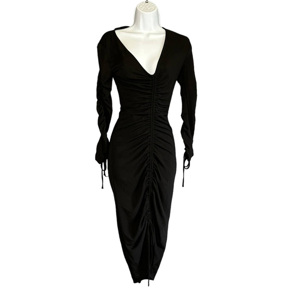 Michael Costello Black Ruched Midi Dress XXS Bodycon Cocktail Designer $230 NEW - Picture 4 of 8